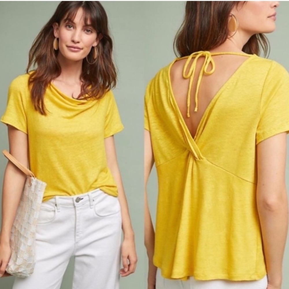 Maeve horizon Cowl Neck Twisted Back Top Women XS Yellow Linen Short Sleeve